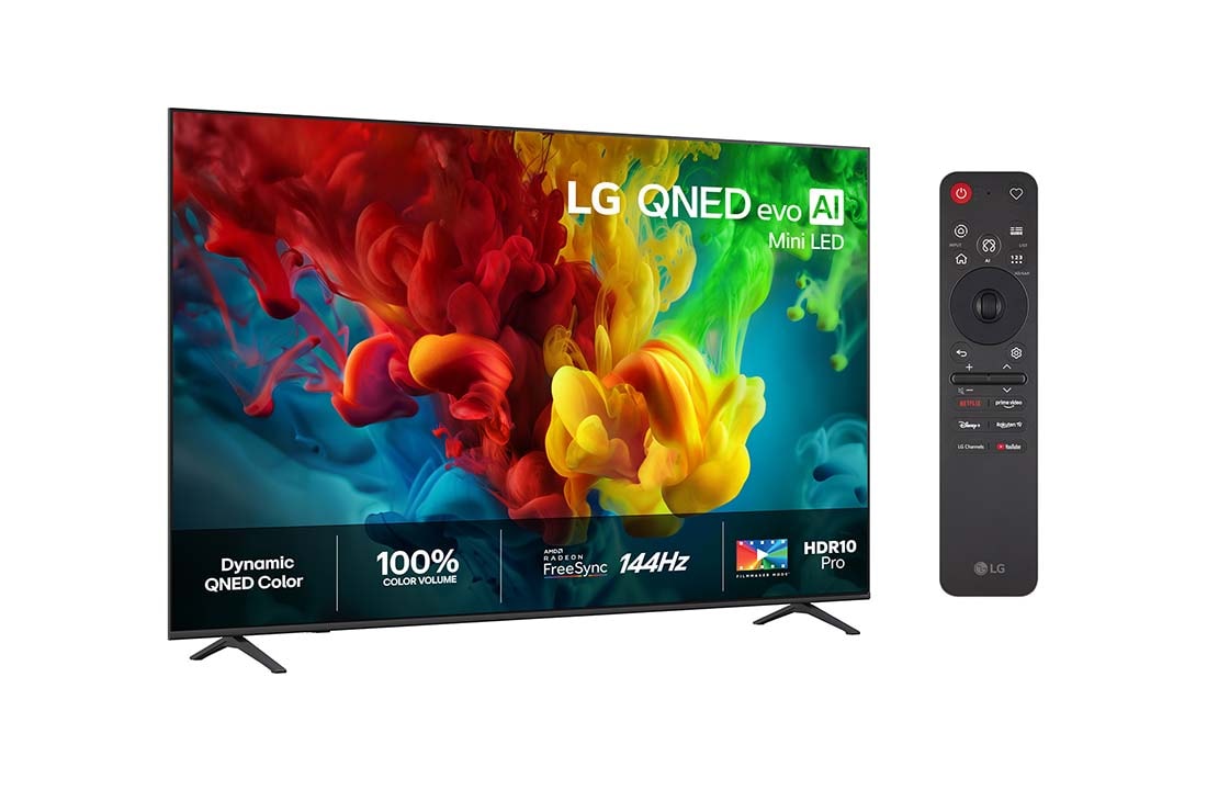LG 85'' QNED evo MiniLED QNED82 4K AI TV - 2026, Visning forfra av LG QNED evo AI QNED82 Mini LED, lansert i 2026, viser levende og flytende eksplosjoner av tette fargeskyer på skjermen, med Dynamic QNED Color Pro, Mini LED, alpha 8 AI Processor 4K , 85QNED82B6A, thumbnail 2