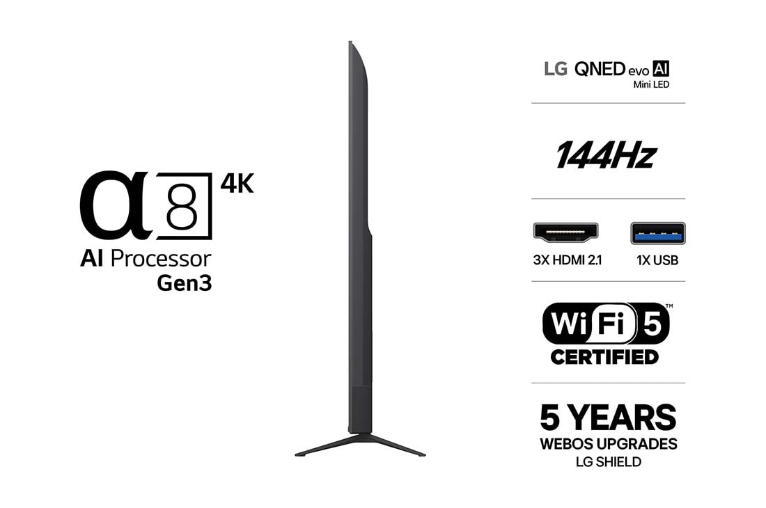 LG 85'' QNED evo MiniLED QNED82 4K AI TV - 2026, LG QNED evo AI QNED82 Mini LED vist forfra og fra siden har en 85-tommers skjerm med en bredde på 1889 mm, en høyde på 1087 mm, en høyde på 1149 mm med stativ, en dybde på 67 mm og et stativ som måler, 85QNED82B6A, thumbnail 3
