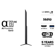 LG 85'' QNED evo MiniLED QNED82 4K AI TV - 2026, LG QNED evo AI QNED82 Mini LED vist forfra og fra siden har en 85-tommers skjerm med en bredde på 1889 mm, en høyde på 1087 mm, en høyde på 1149 mm med stativ, en dybde på 67 mm og et stativ som måler, 85QNED82B6A, thumbnail 3
