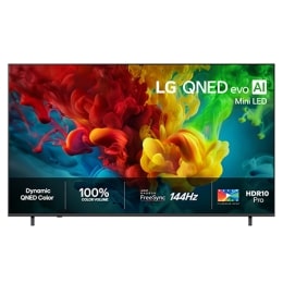 Frontbildet av LG QNED evo AI QNED82 Mini LED, lansert i 2026, fyller skjermen med levende, flytende utbrudd av flerfargede, malingslignende bevegelser, mens rikt lagdelte fargeskyer sprer seg jevnt o2