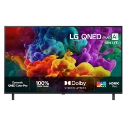 Frontbildet av LG QNED evo AI qned85 Mini LED, lansert i 2026, fyller skjermen med levende, flytende utbrudd av flerfarget, malinglignende bevegelse, mens tette fargeskyer smelter sømløst sammen på sk2