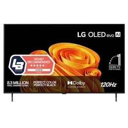 Fronten på LG OLED AI B6, som ble lansert i 2026, har en slank svart ramme og et levende, skulpturelt bilde med rike lag og flerfargede former som fyller skjermen, samt merket «Verdens nr. 1 OLED TV i2