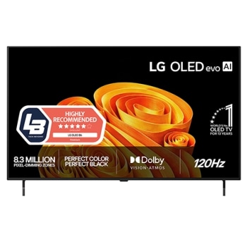 Fronten på LG OLED AI B6, som ble lansert i 2026, har en slank svart ramme og et levende, skulpturelt bilde med rike lag og flerfargede former som fyller skjermen, samt merket «Verdens nr. 1 OLED TV i1