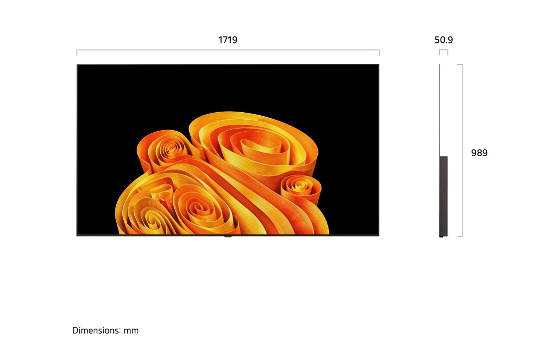 LG 77'' OLED B65 4K AI TV - 2026, LG OLED AI B6, vist forfra og fra siden, har en 77-tommers skjerm med en bredde på 1719 mm, en total høyde på 989 mm og en ultratynn dybde på 50,9 mm uten stativ., OLED77B65LA, thumbnail 4