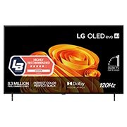 LG 77'' OLED B65 4K AI TV - 2026, Fronten på LG OLED AI B6, som ble lansert i 2026, har en slank svart ramme og et levende, skulpturelt bilde med rike lag og flerfargede former som fyller skjermen, samt merket «Verdens nr. 1 OLED TV i, OLED77B65LA, thumbnail 1