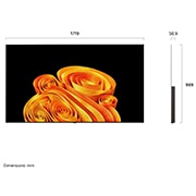 LG 77'' OLED B65 4K AI TV - 2026, LG OLED AI B6, vist forfra og fra siden, har en 77-tommers skjerm med en bredde på 1719 mm, en total høyde på 989 mm og en ultratynn dybde på 50,9 mm uten stativ., OLED77B65LA, thumbnail 4
