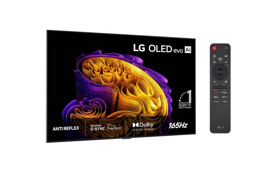 LG 83'' OLED evo Gallery G6 4K AI TV - 2026, LG OLED evo AI G6, vist forfra og fra siden, har en 65-tommers skjerm med en bredde på 1441 mm, en høyde på 826 mm, en høyde på 910 mm med stativ, en dybde på 24,3 mm og et stativ som måler 485 x 263 , OLED83G64LW, thumbnail 2