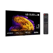LG 83'' OLED evo Gallery G6 4K AI TV - 2026, LG OLED evo AI G6, vist forfra og fra siden, har en 65-tommers skjerm med en bredde på 1441 mm, en høyde på 826 mm, en høyde på 910 mm med stativ, en dybde på 24,3 mm og et stativ som måler 485 x 263 , OLED83G64LW, thumbnail 2