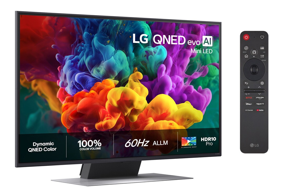 LG 43'' QNED evo MiniLED QNED87 4K AI TV - 2026, LG QNED evo AI QNED85 Mini LED vist forfra og fra siden har en 65-tommers skjerm med en bredde på 1456 mm, en høyde på 840 mm, en høyde på 904 mm med stativ, en slank profil på 29,7 mm og et stativ so, 43QNED87B6A, thumbnail 2