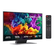 LG 43'' QNED evo MiniLED QNED87 4K AI TV - 2026, LG QNED evo AI QNED85 Mini LED vist forfra og fra siden har en 65-tommers skjerm med en bredde på 1456 mm, en høyde på 840 mm, en høyde på 904 mm med stativ, en slank profil på 29,7 mm og et stativ so, 43QNED87B6A, thumbnail 2