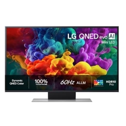 Frontbildet av LG QNED evo AI QNED85 Mini LED, lansert i 2026, fyller skjermen med levende, flytende utbrudd av flerfarget, malinglignende bevegelse, mens tette fargeskyer smelter sømløst sammen på sk2