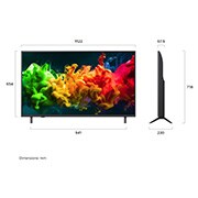 LG 50'' QNED evo MiniLED QNED8E 4K AI TV - 2026, LG QNED evo AI QNED80 Mini LED vist forfra og fra siden har en 65-tommers skjerm med en bredde på 1455 mm, en skjermhøyde på 841 mm, en høyde på 904 mm med stativ, en profildybde på 67,9 mm og et stat, 50QNED8EB3F, thumbnail 4