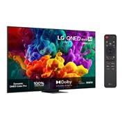 LG 55'' QNED evo MiniLED QNED87 4K AI TV - 2026, LG QNED evo AI QNED85 Mini LED vist forfra og fra siden har en 65-tommers skjerm med en bredde på 1456 mm, en høyde på 840 mm, en høyde på 904 mm med stativ, en slank profil på 29,7 mm og et stativ so, 55QNED87B6A, thumbnail 2