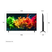 LG 55'' QNED evo MiniLED QNED8E 4K AI TV - 2026, LG QNED evo AI QNED80 Mini LED vist forfra og fra siden har en 65-tommers skjerm med en bredde på 1455 mm, en skjermhøyde på 841 mm, en høyde på 904 mm med stativ, en profildybde på 67,9 mm og et stat, 55QNED8EB3B, thumbnail 4