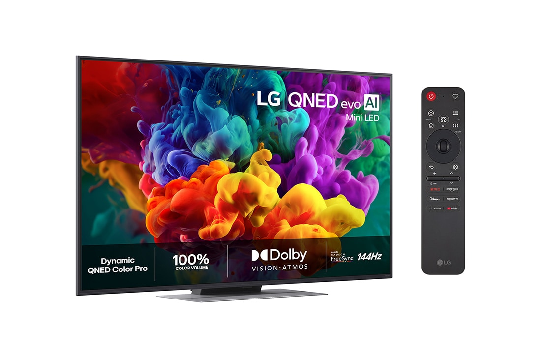 LG 65'' QNED evo MiniLED QNED87 4K AI TV - 2026, LG QNED evo AI QNED85 Mini LED vist forfra og fra siden har en 65-tommers skjerm med en bredde på 1456 mm, en høyde på 840 mm, en høyde på 904 mm med stativ, en slank profil på 29,7 mm og et stativ so, 65QNED87B6A, thumbnail 2