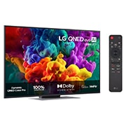 LG 65'' QNED evo MiniLED QNED87 4K AI TV - 2026, LG QNED evo AI QNED85 Mini LED vist forfra og fra siden har en 65-tommers skjerm med en bredde på 1456 mm, en høyde på 840 mm, en høyde på 904 mm med stativ, en slank profil på 29,7 mm og et stativ so, 65QNED87B6A, thumbnail 2
