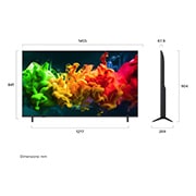 LG 65'' QNED evo MiniLED QNED8E 4K AI TV - 2026, LG QNED evo AI QNED80 Mini LED vist forfra og fra siden har en 65-tommers skjerm med en bredde på 1455 mm, en skjermhøyde på 841 mm, en høyde på 904 mm med stativ, en profildybde på 67,9 mm og et stat, 65QNED8EB3B, thumbnail 4