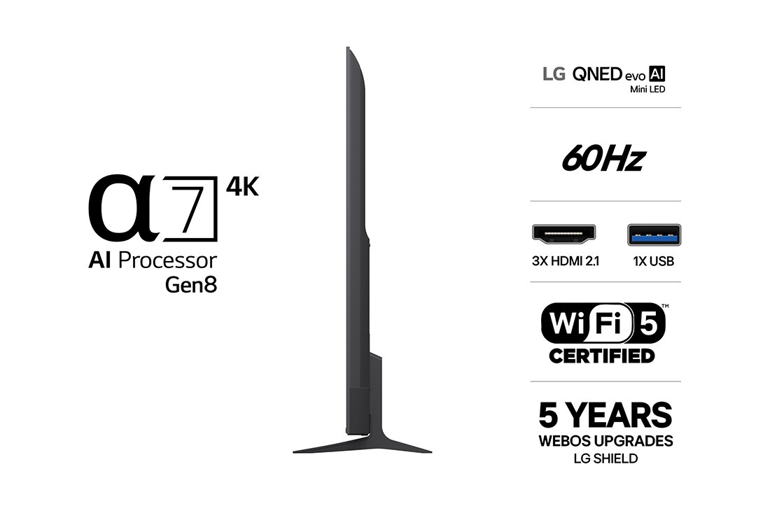 LG 85'' QNED evo MiniLED QNED8E 4K AI TV - 2026, side view , 75QNED8EB3A, thumbnail 3
