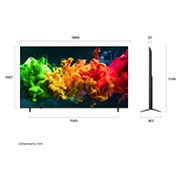 LG 85'' QNED evo MiniLED QNED8E 4K AI TV - 2026, LG QNED evo AI QNED80 Mini LED vist forfra og fra siden har en 65-tommers skjerm med en bredde på 1455 mm, en skjermhøyde på 841 mm, en høyde på 904 mm med stativ, en profildybde på 67,9 mm og et stat, 75QNED8EB3A, thumbnail 4