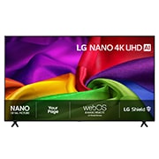 LG 85'' Nano UHD NU80 4K AI TV - 2026, Fronten på LG NANO 4K UHD AI NU80, som ble lansert i 2026, viser levende farger og teksturer som ligner stoff på skjermen, med Nano Detail Enhancer, en alpha 7 AI Processor 4K Gen9, HDR10 Pro, webOS o, 85NU800B6LA, thumbnail 1