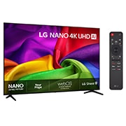 LG 85'' Nano UHD NU80 4K AI TV - 2026, LG NANO 4K UHD AI NU80 vist forfra og fra siden, har en 85-tommers skjerm med en bredde på 1890 mm, en høyde på 1081 mm, en høyde på 1154 mm med stativ, en profildybde på 80,4 mm og et stativ som måle, 85NU800B6LA, thumbnail 2