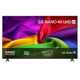 Frontbildet av LG NANO 4K UHD AI NU80, utgitt i 2026, fyller skjermen med rikt teksturerte, stofflignende fargelag, der levende flerfargede folder fletter seg jevnt over skjermen.2