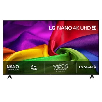 Frontbildet av LG NANO 4K UHD AI NU80, utgitt i 2026, fyller skjermen med rikt teksturerte, stofflignende fargelag, der levende flerfargede folder fletter seg jevnt over skjermen.1
