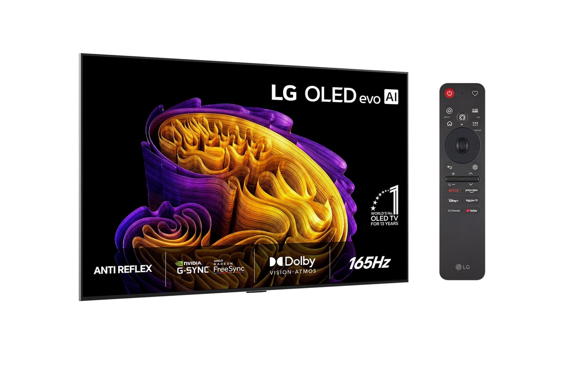 LG 65'' OLED evo Gallery G6 4K AI TV - 2026, LG OLED evo AI G6, vist forfra og fra siden, har en 65-tommers skjerm med en bredde på 1441 mm, en høyde på 826 mm, en høyde på 910 mm med stativ, en dybde på 24,3 mm og et stativ som måler 485 x 263 , OLED65G64LW, thumbnail 2