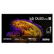 LG 65'' OLED evo Gallery G6 4K AI TV - 2026, Fronten på LG OLED evo AI G6, som ble lansert i 2026, har en slank svart ramme med et levende, skulpturelt bilde av fargerike former i flere lag som fyller skjermen, samt merket «Verdens nr. 1 OLED TV, OLED65G64LW, thumbnail 1