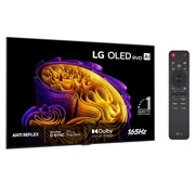 LG 65'' OLED evo Gallery G6 4K AI TV - 2026, LG OLED evo AI G6, vist forfra og fra siden, har en 65-tommers skjerm med en bredde på 1441 mm, en høyde på 826 mm, en høyde på 910 mm med stativ, en dybde på 24,3 mm og et stativ som måler 485 x 263 , OLED65G64LW, thumbnail 2