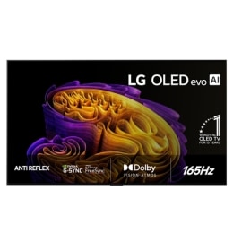 Fronten på LG OLED evo AI G6, som ble lansert i 2026, har en slank svart ramme med et levende, skulpturelt bilde av fargerike former i flere lag som fyller skjermen, samt merket «Verdens nr. 1 OLED TV2