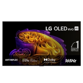 Fronten på LG OLED evo AI G6, som ble lansert i 2026, har en slank svart ramme med et levende, skulpturelt bilde av fargerike former i flere lag som fyller skjermen, samt merket «Verdens nr. 1 OLED TV1