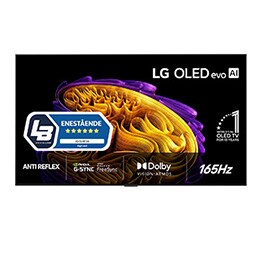 Fronten på LG OLED evo AI G6, som ble lansert i 2026, har en slank svart ramme med et levende, skulpturelt bilde av fargerike former i flere lag som fyller skjermen, samt merket «Verdens nr. 1 OLED TV