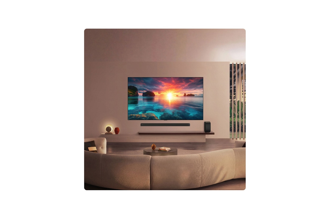 LG 77'' OLED evo Gallery G6 4K AI TV - 2026, LG OLED evo AI G6, vist fra siden, fremhever sitt Flush Fit Gallery Design med en veggmontert installasjon uten mellomrom, og viser et nattbilde av en opplyst bro med refleksjoner i vannet., OLED77G64LW, thumbnail 12