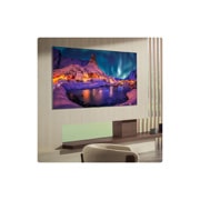 LG 77'' OLED evo Gallery G6 4K AI TV - 2026, LG OLED evo AI G6 for uovertruffen spillopplevelse i 4K 165Hz viser et høyhastighets racingspill med en gul bil med åpne hjul i bevegelse, fet «WIN»-tekst på skjermen og NVIDIA G-SYNC- og AMD FreeSync, OLED77G64LW, thumbnail 11