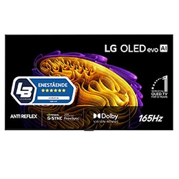 Fronten på LG OLED evo AI G6, som ble lansert i 2026, har en slank svart ramme med et levende, skulpturelt bilde av fargerike former i flere lag som fyller skjermen, samt merket «Verdens nr. 1 OLED TV