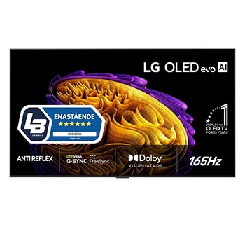 Fronten på LG OLED evo AI G6, som ble lansert i 2026, har en slank svart ramme med et levende, skulpturelt bilde av fargerike former i flere lag som fyller skjermen, samt merket «Verdens nr. 1 OLED TV
