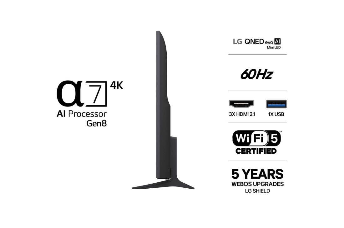 LG 65'' QNED evo MiniLED QNED80 4K AI TV - 2026, side view , 65QNED80B6B, thumbnail 3