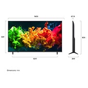 LG 65'' QNED evo MiniLED QNED80 4K AI TV - 2026, LG QNED evo AI QNED80 Mini LED vist forfra og fra siden har en 65-tommers skjerm med en bredde på 1455 mm, en skjermhøyde på 841 mm, en høyde på 904 mm med stativ, en profildybde på 67,9 mm og et stat, 65QNED80B6B, thumbnail 4