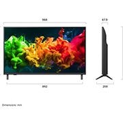 LG 43'' QNED evo MiniLED QNED81 4K AI TV - 2026, LG QNED evo AI QNED80 Mini LED vist forfra og fra siden har en 65-tommers skjerm med en bredde på 1455 mm, en skjermhøyde på 841 mm, en høyde på 904 mm med stativ, en profildybde på 67,9 mm og et stat, 43QNED81B6C, thumbnail 4
