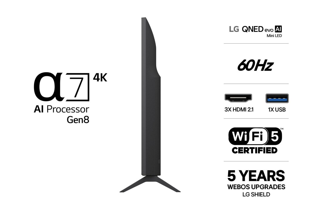 LG 43'' QNED evo MiniLED QNED80 4K AI TV - 2026, side view , 43QNED80B6B, thumbnail 3
