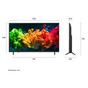 LG 43'' QNED evo MiniLED QNED80 4K AI TV - 2026, LG QNED evo AI QNED80 Mini LED vist forfra og fra siden har en 65-tommers skjerm med en bredde på 1455 mm, en skjermhøyde på 841 mm, en høyde på 904 mm med stativ, en profildybde på 67,9 mm og et stat, 43QNED80B6B, thumbnail 4