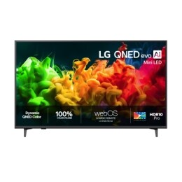 Visning forfra av LG QNED evo AI QNED80 Mini LED, lansert i 2026, fyller skjermen med levende, flytende strømmer av flerfarget, malingslignende bevegelse, der rikt lagdelte farger sprer seg jevnt over2