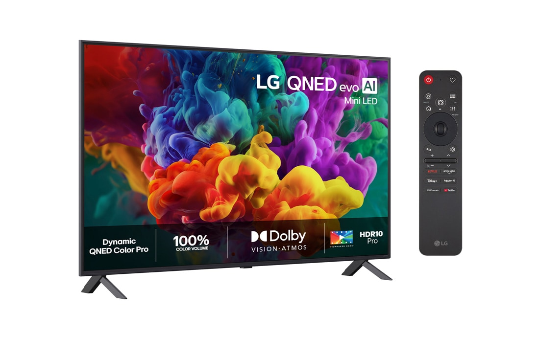 LG 55'' QNED evo MiniLED QNED85 4K AI TV - 2026, LG QNED evo AI QNED85 Mini LED vist forfra og fra siden har en 65-tommers skjerm med en bredde på 1456 mm, en høyde på 840 mm, en høyde på 904 mm med stativ, en slank profil på 29,7 mm og et stativ so, 55QNED85B6B, thumbnail 2