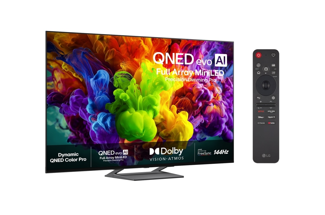 LG 55'' QNED evo MiniLED QNED93 4K AI TV - 2026, LG QNED evo AI QNED90 Mini LED med Dynamic QNED Color fyller skjermen med levende, flytende utbrudd av flerfarget, malinglignende bevegelse, og gir livlige farger og 100 % fargevolum for dynamiske bil, 55QNED93B6A, thumbnail 2