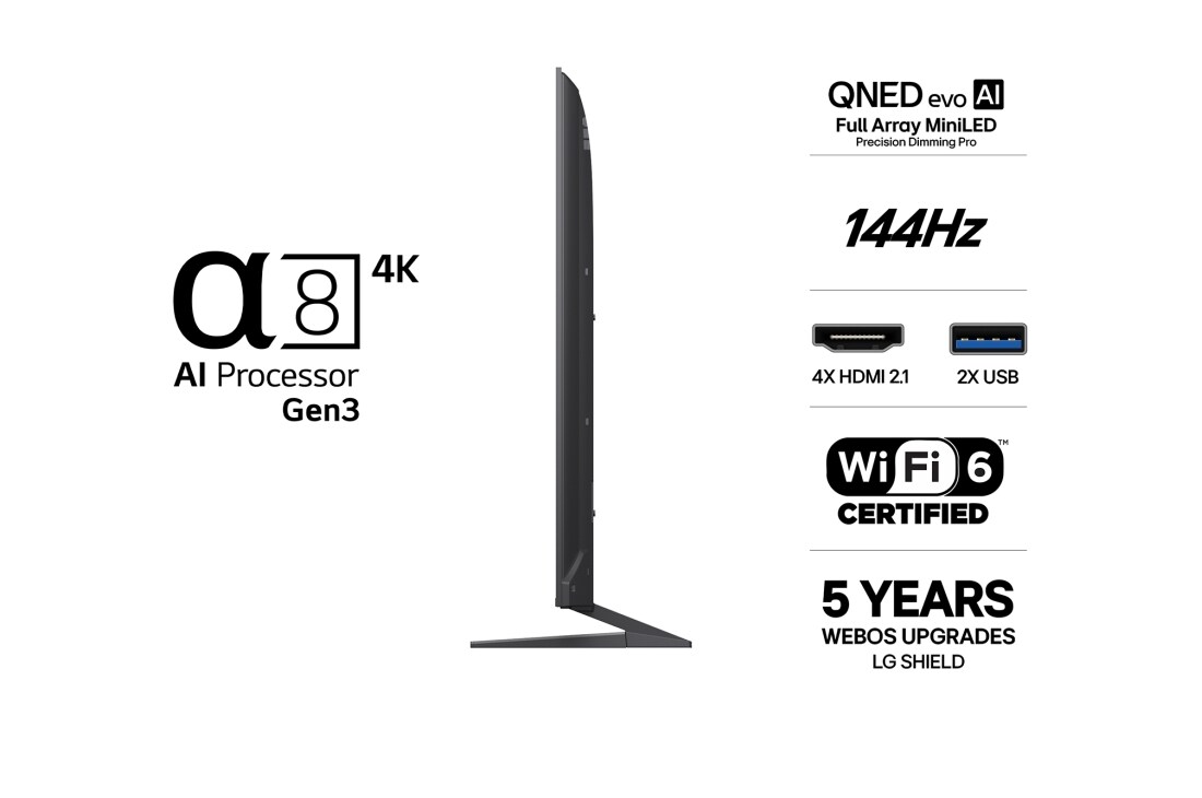 LG 55'' QNED evo MiniLED QNED93 4K AI TV - 2026, LG QNED evo AI QNED90 Mini LED fremhever Mini LED med Precision Dimming Pro gjennom et delt bilde av en aurora-opplyst isbre og fjell, og sammenligner det med konvensjonell LED for å vise dypere svart, 55QNED93B6A, thumbnail 3