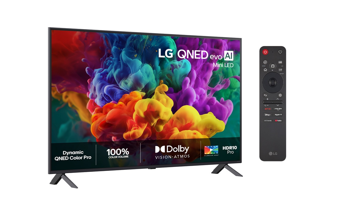 LG 65'' QNED evo MiniLED QNED85 4K AI TV - 2026, LG QNED evo AI QNED85 Mini LED vist forfra og fra siden har en 65-tommers skjerm med en bredde på 1456 mm, en høyde på 840 mm, en høyde på 904 mm med stativ, en slank profil på 29,7 mm og et stativ so, 65QNED85B6B, thumbnail 2