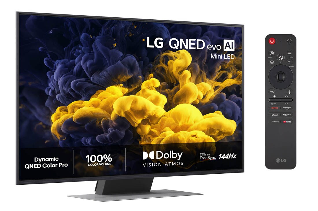 LG 65'' QNED evo MiniLED QNED86 4K AI TV - 2026, LG QNED evo AI QNED86 Mini LED vist forfra og fra siden har en 65-tommers skjerm med en bredde på 1456 mm, en høyde på 840 mm, en høyde på 904 mm med stativ, en slank profil på 29,7 mm og et stativ so, 65QNED86B6B, thumbnail 2