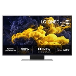 Frontbildet av LG QNED evo AI QNED86 Mini LED, lansert i 2026, fyller skjermen med levende, flytende utbrudd av flerfarget, malinglignende bevegelse, mens tette fargeskyer smelter sømløst sammen på sk2