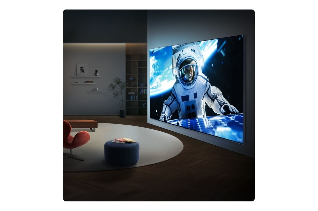 LG 65'' QNED evo MiniLED QNED93 4K AI TV - 2026, LG QNED evo AI QNED90 Mini LED med slank design er veggmontert i et lyst, åpent oppholdsrom, med en elegant profil som smelter sømløst inn i interiøret samtidig som den viser et dristig, fargerikt abs, 65QNED93B6A, thumbnail 11